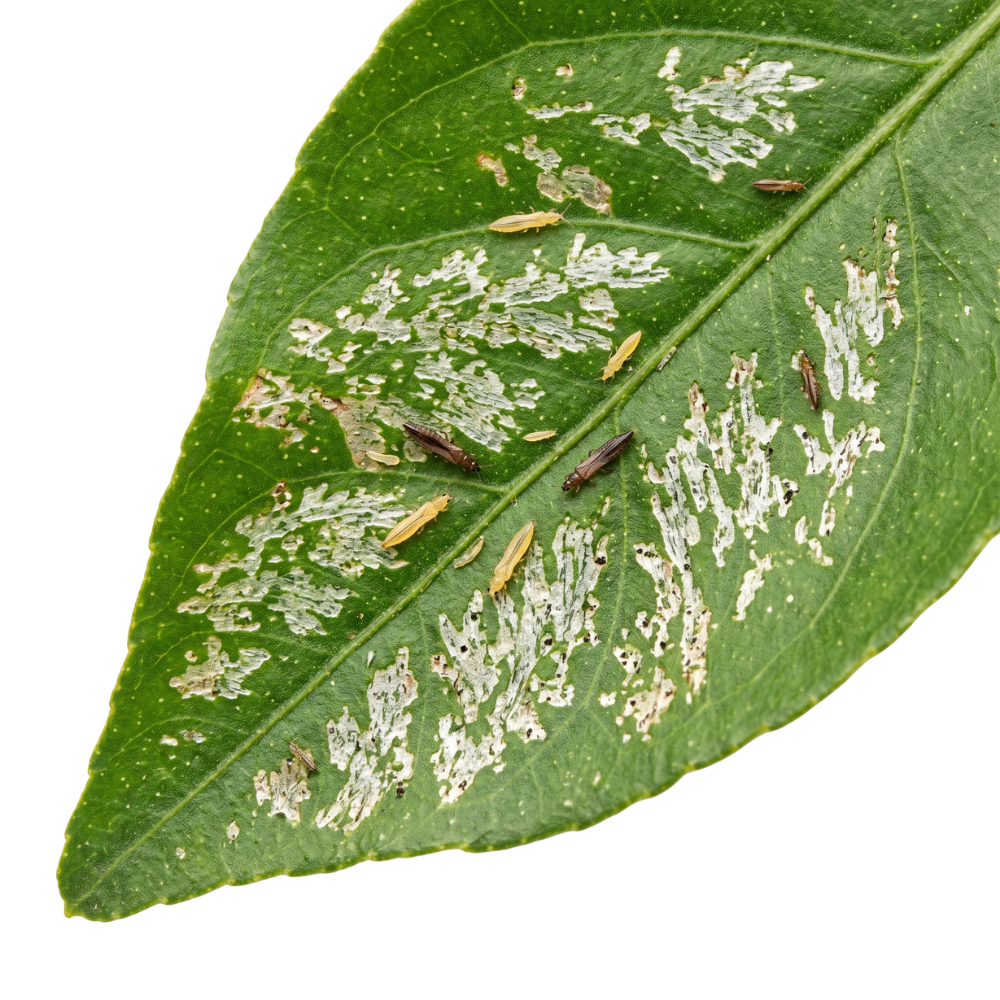 Thrips damage with silver streaks on a leaf