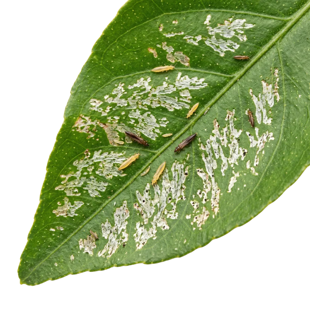Thrips damage with silver streaks on a leaf